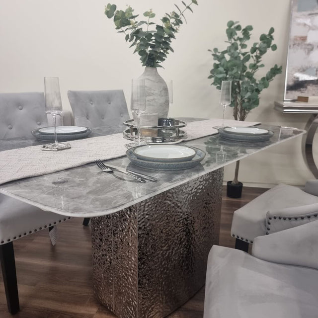 Roma Modern Grey Marble Dining Table With Hammered Metal Base