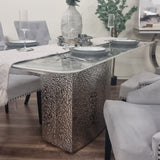 Roma Modern Grey Marble Dining Table With Hammered Metal Base