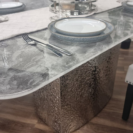 Roma Modern Grey Marble Dining Table With Hammered Metal Base