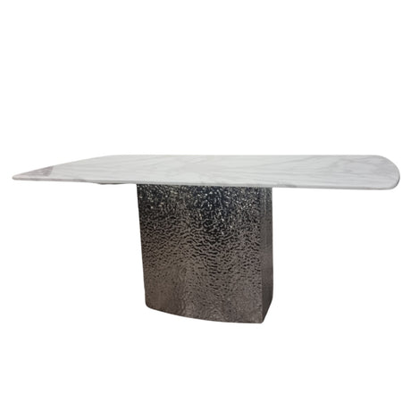 Roma Modern White Marble Dining Table With Hammered Metal Base