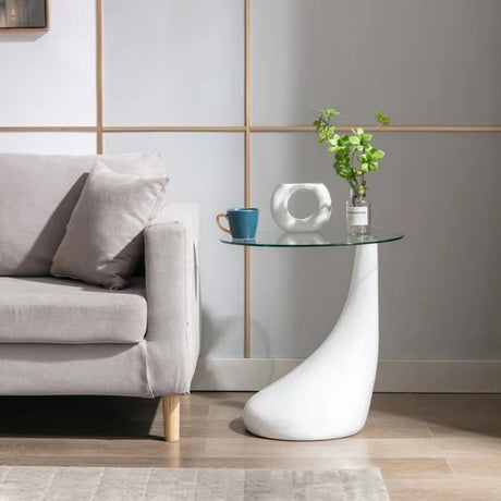 Modern-Round-Glass-Top-Side-Table-With-Tear-Drop-Style-White-High-Gloss-Base-45cm