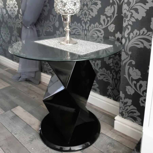 Modern-Round-Glass-Top-Side-Table-With-Unique-Geometric-Black-High-Gloss-Base-60cm