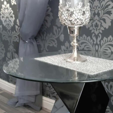 Modern-Round-Glass-Top-Side-Table-With-Unique-Geometric-Black-High-Gloss-Base-60cm