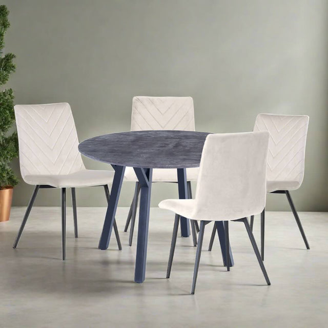 Modern-Round-Grey-Stone-Dining-Table-Set-With-4-Cream-Velvet-Dining-Chairs-110cm