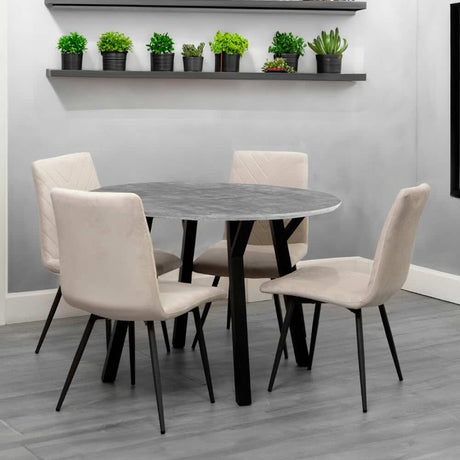 Modern-Round-Grey-Stone-Dining-Table-Set-With-4-Cream-Velvet-Dining-Chairs-110cm