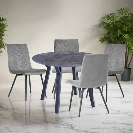 Modern-Round-Grey-Stone-Dining-Table-Set-With-4-Grey-Velvet-Dining-Chairs-110cm