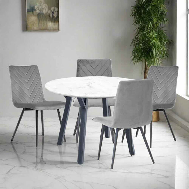 Modern-Round-White-Marble-Dining-Table-Set-With-4-Grey-Velvet-Dining-Chairs-110cm