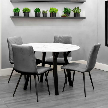 Modern-Round-White-Marble-Dining-Table-Set-With-4-Grey-Velvet-Dining-Chairs-110cm