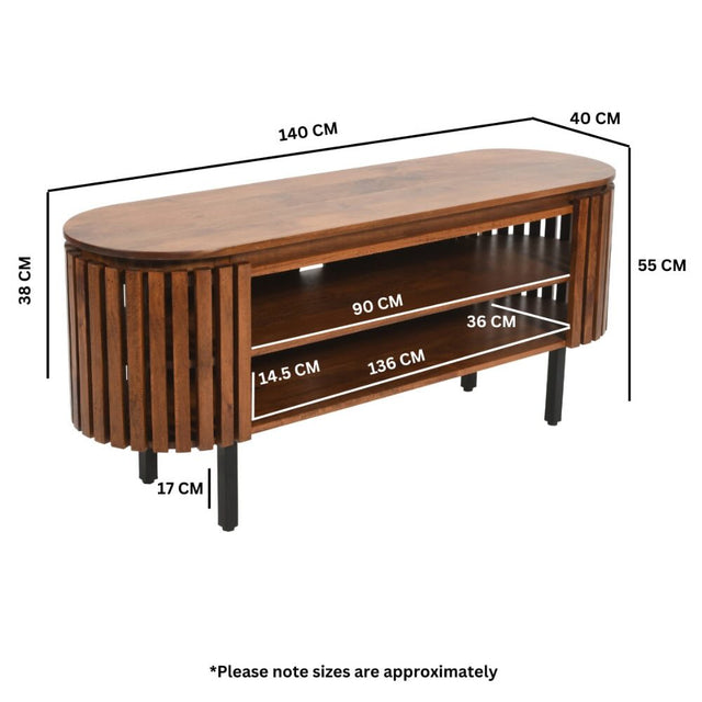 Sakura Modern Slatted Dark Mango Wood TV Stand With Storage