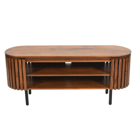 Sakura Modern Slatted Dark Mango Wood TV Stand With Storage