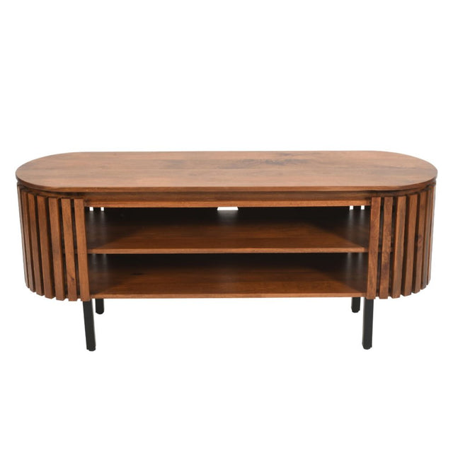 Sakura Modern Slatted Dark Mango Wood TV Stand With Storage