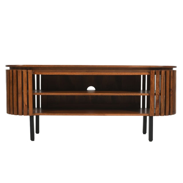 Sakura Modern Slatted Dark Mango Wood TV Stand With Storage