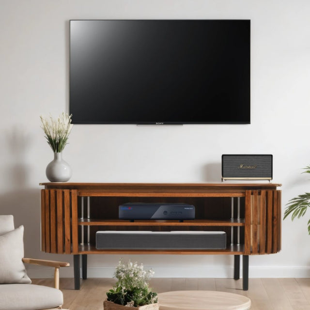 Sakura Modern Slatted Dark Mango Wood TV Stand With Storage