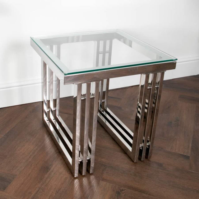 Modern-Square-Glass-Side-Table-With-Stainless-Steel-Striated-Base-55cm