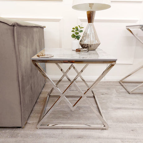 Modern-Square-Grey-Marble-Lamp-Table-Metal-Chrome-Base-55cm