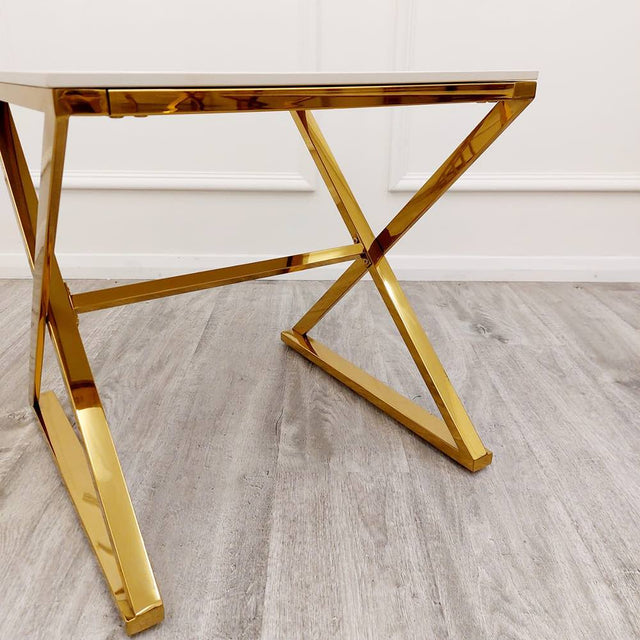 Modern-Square-White-Marble-Lamp-Table-Gold-Cross-Over-Base-50cm