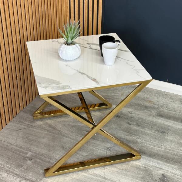 Modern-Square-White-Marble-Lamp-Table-Gold-Cross-Over-Base-50cm