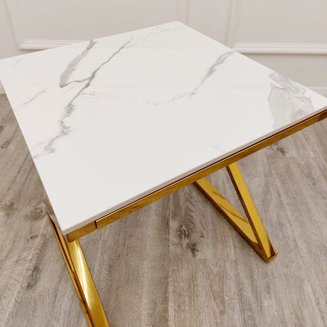 Modern-Square-White-Marble-Lamp-Table-Gold-Cross-Over-Base-50cm