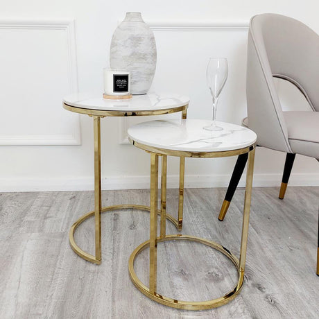 Modern-Tall-Round-Nesting-Coffee-Tables-White-Marble-Gold-Legs-Set-of-2