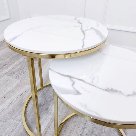 Modern-Tall-Round-Nesting-Coffee-Tables-White-Marble-Gold-Legs-Set-of-2