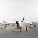 Industrial Rectangular Oak Dining Table Black Metal Pedestal Base With Minimalist Boucle Chairs Kitchen Table Set 160cm