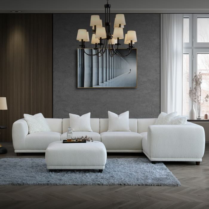 Ripon Modern 5 Seater White Boucle Sectional Corner Sofa With Ottoman White Boucle No