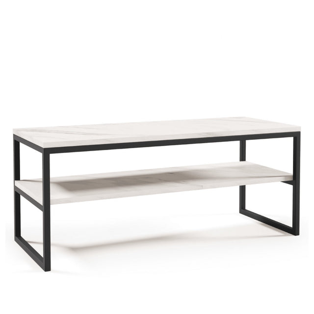 Modern-White-Marble-Rectangular-Coffee-Table-With-Shelf-Black-Metal-Base-100cm