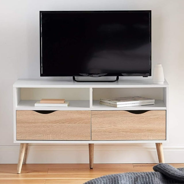 Jersey Modern White High Gloss And Oak TV Stand With Storage