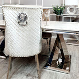 Modern-beige-velvet-dining-chairs-chrome-legs-lion-knocker-quilted-back