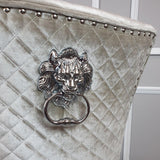 Modern-beige-velvet-dining-chairs-chrome-legs-lion-knocker-quilted-back