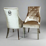 Modern-beige-velvet-dining-chairs-chrome-legs-lion-knocker-quilted-back