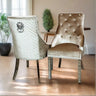 Modern-beige-velvet-dining-chairs-chrome-legs-lion-knocker-quilted-back