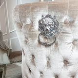 Modern-beige-velvet-lion-knocker-dining-chairs-chrome-legs-quilted-back