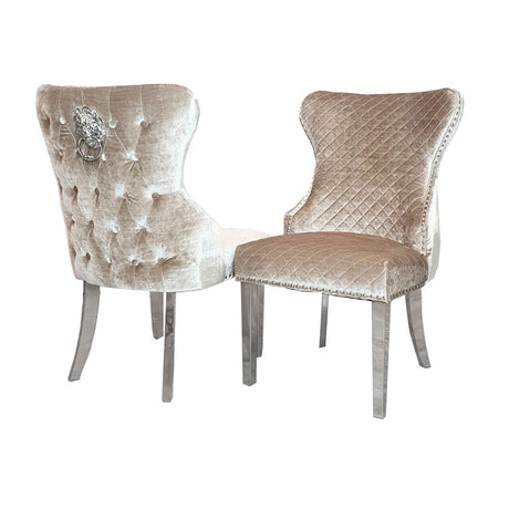 Modern-beige-velvet-lion-knocker-dining-chairs-chrome-legs-quilted-back