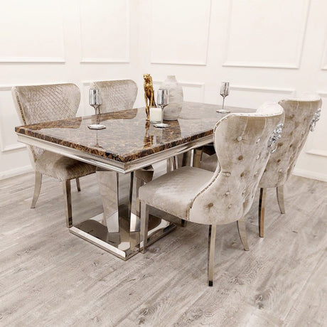 Modern-beige-velvet-lion-knocker-dining-chairs-chrome-legs-quilted-back