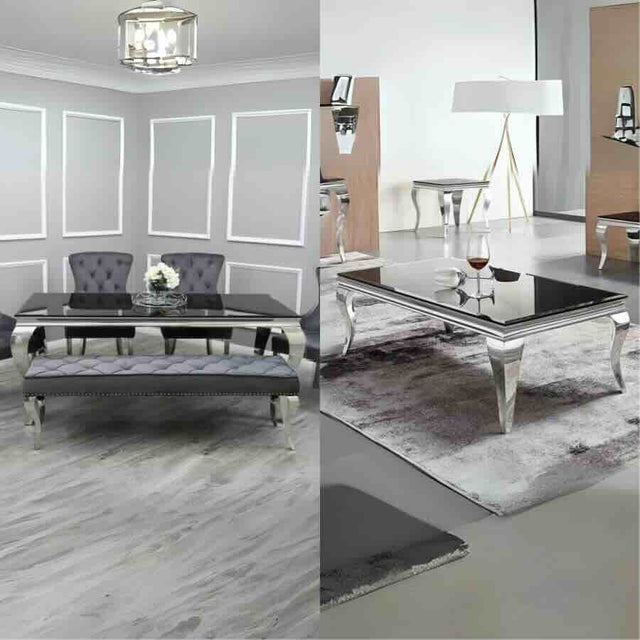 Modern-black-glass-matching-dining-table-_-coffee-table-set-rectangular-tempered-glass-top-stainless-steel-curved-legs