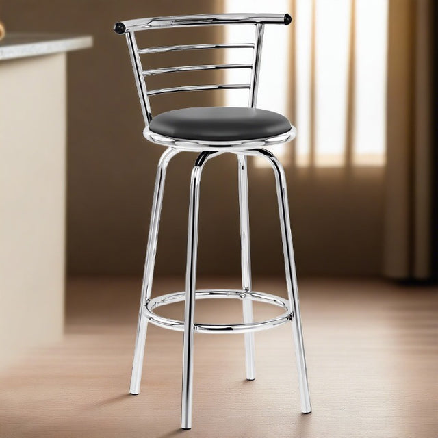 Modern-black-leather-bar-stool-with-back-rest-and-chrome-metal-base