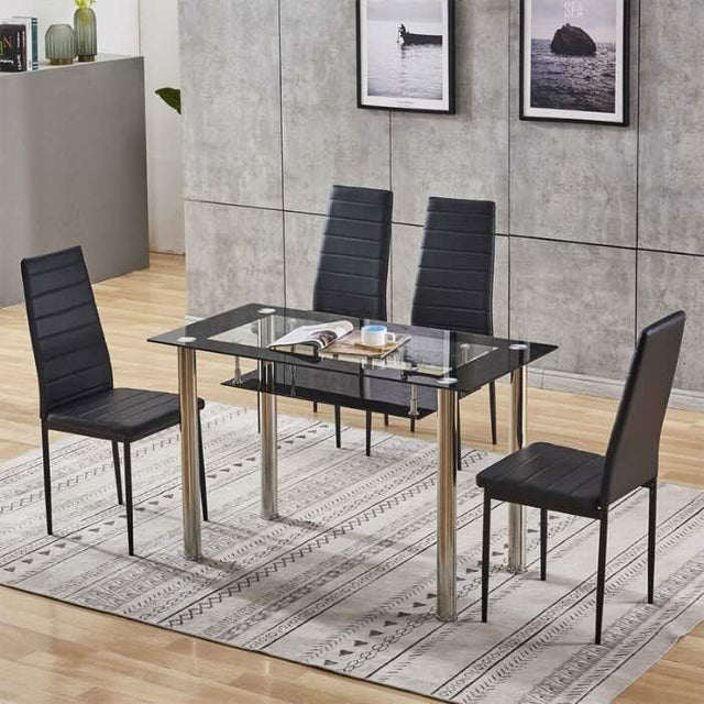 Modern-black-tempered-glass-dining-table-with-chrome-metal-legs-and-glass-shelve