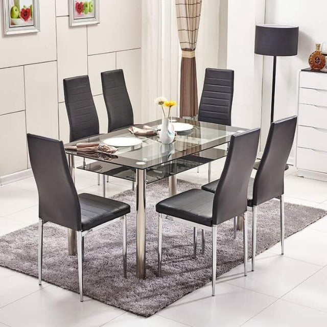 Modern-black-tempered-glass-dining-table-with-chrome-metal-legs-and-glass-shelve