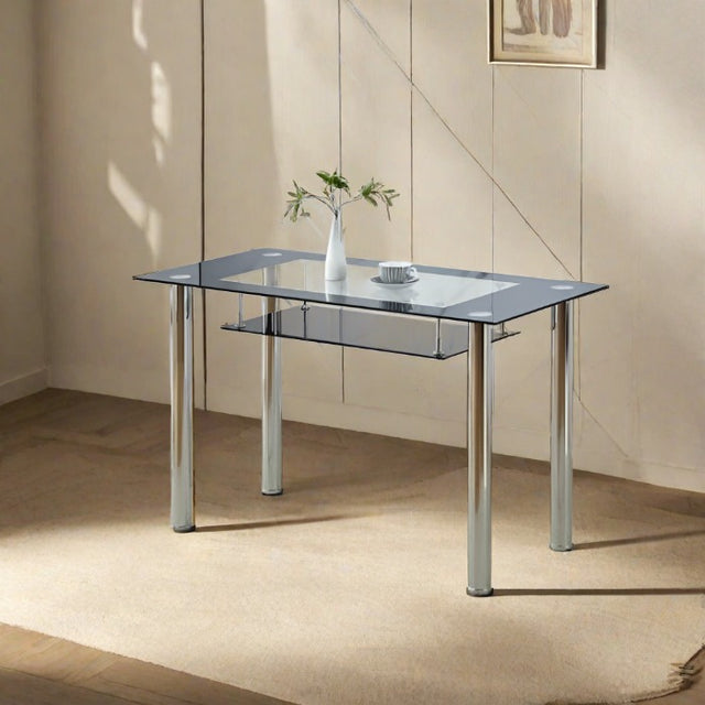 Modern-black-tempered-glass-dining-table-with-chrome-metal-legs-and-glass-shelve