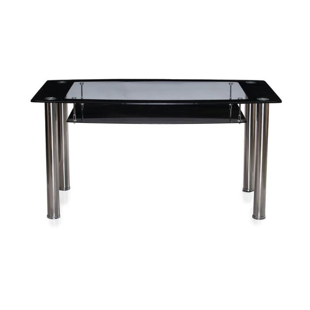 Modern-black-tempered-glass-dining-table-with-chrome-metal-legs-and-glass-shelve