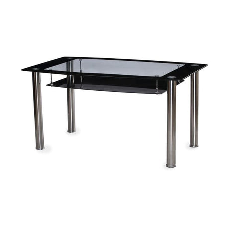 Modern-black-tempered-glass-dining-table-with-chrome-metal-legs-and-glass-shelve