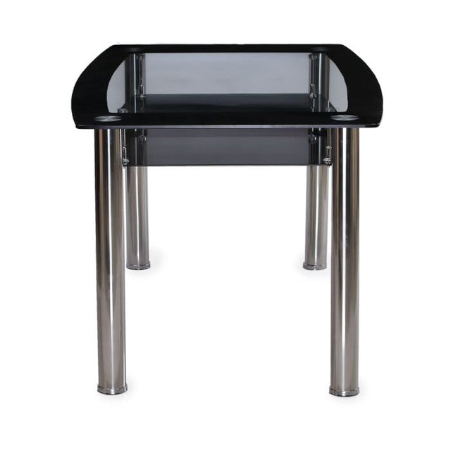 Modern-black-tempered-glass-dining-table-with-chrome-metal-legs-and-glass-shelve