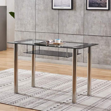 Modern-black-tempered-glass-dining-table-with-chrome-metal-legs-and-glass-shelve