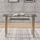 Modern-black-tempered-glass-dining-table-with-chrome-metal-legs-and-glass-shelve