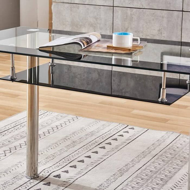 Modern-black-tempered-glass-dining-table-with-chrome-metal-legs-and-glass-shelve