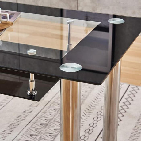 Modern-black-tempered-glass-dining-table-with-chrome-metal-legs-and-glass-shelve