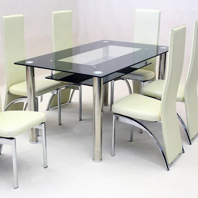 Modern-black-tempered-glass-dining-table-with-chrome-metal-legs-and-glass-shelve