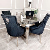 Modern-black-velvet-dining-chairs-chrome-legs-lion-knocker-quilted-back