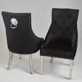 Modern-black-velvet-dining-chairs-chrome-legs-lion-knocker-quilted-back